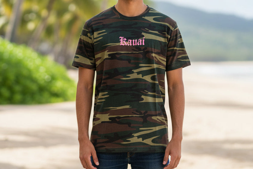 Camouflage-patterned shirt with 'Kavai' branding on a wooden surface