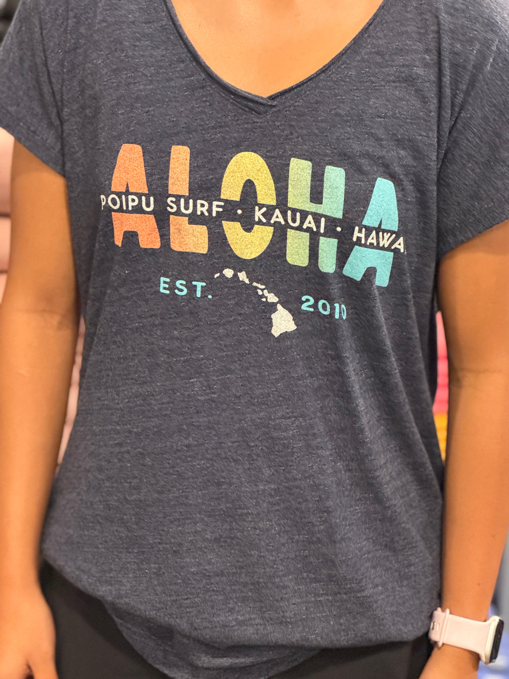 Happiny HI Island Chain Logo Women's V-Neck SS Tee